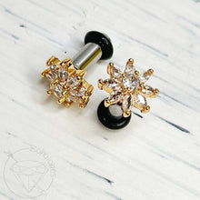 Load image into Gallery viewer, Gold daisy rhinestone minimalist stud plugs 14g 12g 10g 8g 6g 4g