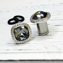 Load image into Gallery viewer, Gray CZ rhinestone crystal plugs Square CZ halo stud wedding plugs: Sizes 4g 2g 0g 11/32” 00g 7/16” 1/2”