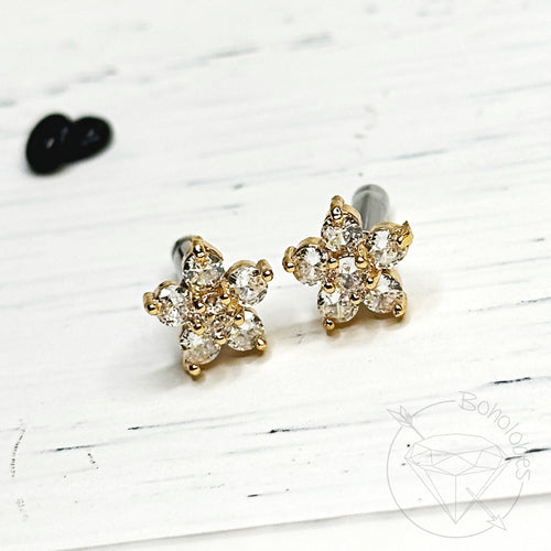 Gold wild flower rhinestone minimalist stud plugs 14g 12g 10g 8g