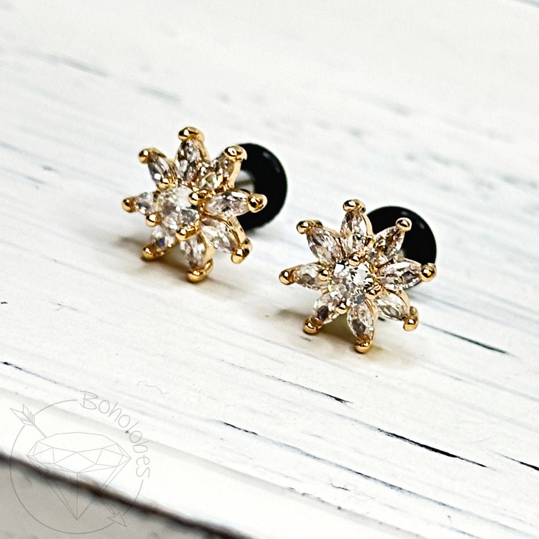 Gold daisy rhinestone minimalist stud plugs 14g 12g 10g 8g 6g 4g