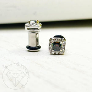 Rainbow square white gold cz rhinestone stud plugs 12g 10g 8g 6g 4g 2g