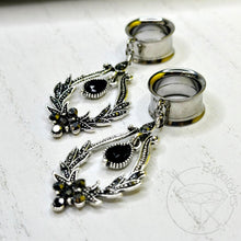 Load image into Gallery viewer, Black rhinestone crystal fancy dangle tunnels plugs for gauged ears 2g 0g 00g 1/2&quot; 9/16&quot; 5/8&quot; 18mm 20mm 22mm 25mm