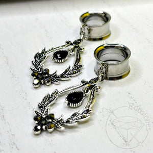 Black rhinestone crystal fancy dangle tunnels plugs for gauged ears 2g 0g 00g 1/2" 9/16" 5/8" 18mm 20mm 22mm 25mm