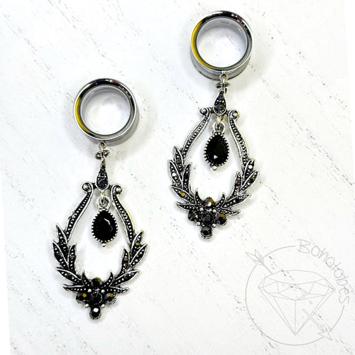 Black rhinestone crystal fancy dangle tunnels plugs for gauged ears 2g 0g 00g 1/2