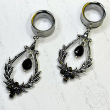 Load image into Gallery viewer, Black rhinestone crystal fancy dangle tunnels plugs for gauged ears 2g 0g 00g 1/2&quot; 9/16&quot; 5/8&quot; 18mm 20mm 22mm 25mm