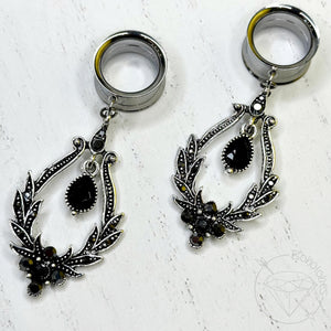 Black rhinestone crystal fancy dangle tunnels plugs for gauged ears 2g 0g 00g 1/2" 9/16" 5/8" 18mm 20mm 22mm 25mm