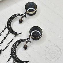 Load image into Gallery viewer, Black celestial Gold Czech crescent moon goth dangle gauges 8g 6g 4g 2g 1g 0g 11/32” 00g 7/16” 1/2” 9/16” 5/8” 11/13” 3/4” 13/16” 7/8” 1”