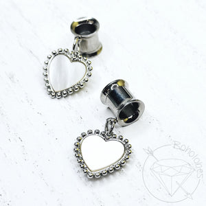 Heart stainless steel yellow gold or white gold toned shell drop dangle plugs: 2g 0g 00g 1/2" 9/16" 5/8" 18mm 20mm 22mm 25mm