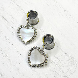 Heart stainless steel yellow gold or white gold toned shell drop dangle plugs: 2g 0g 00g 1/2" 9/16" 5/8" 18mm 20mm 22mm 25mm