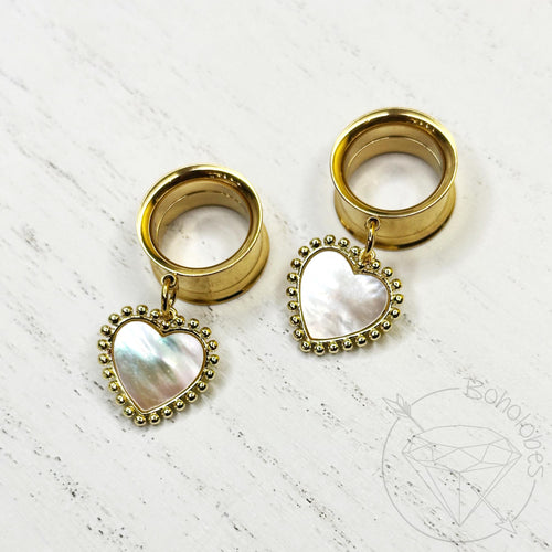 Heart stainless steel yellow gold or white gold toned shell drop dangle plugs: 2g 0g 00g 1/2