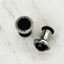 Load image into Gallery viewer, Silver black faceted cz stud plugs 14g 12g 10g 8g 6g 4g 2g 1g 0g