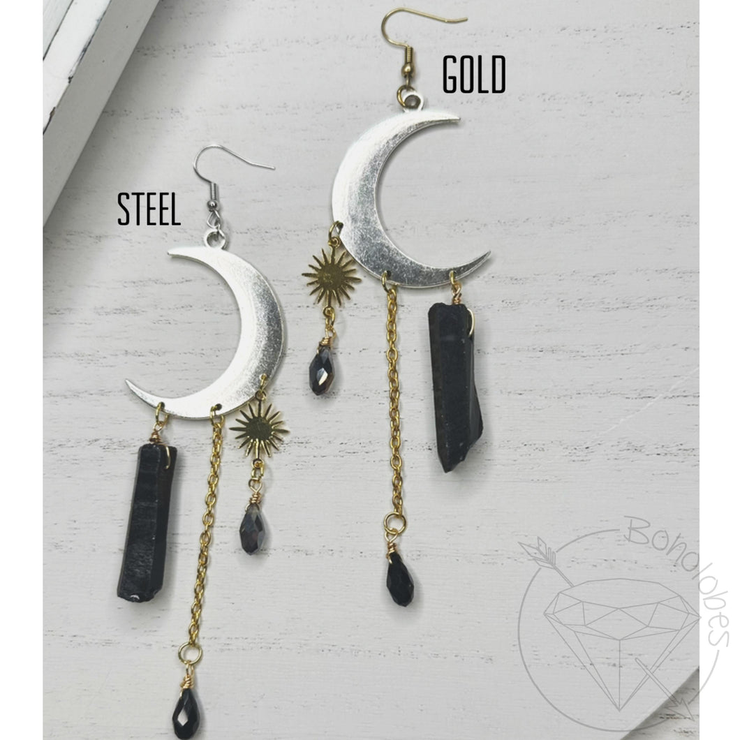 Celestial silver and gold crescent moon crystal screw back plugs gauges tunnels: 2g 0g 00g 1/2