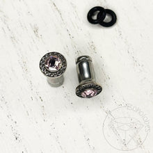 Load image into Gallery viewer, Pink round plugs CZ halo stud white gold silver wedding plugs for gauged or stretched ears: Sizes 12g 10g 8g 6g 4g 2g