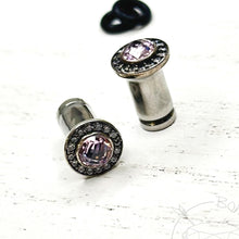 Load image into Gallery viewer, Pink round plugs CZ halo stud white gold silver wedding plugs for gauged or stretched ears: Sizes 12g 10g 8g 6g 4g 2g