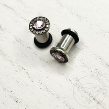 Load image into Gallery viewer, Pink round plugs CZ halo stud white gold silver wedding plugs for gauged or stretched ears: Sizes 12g 10g 8g 6g 4g 2g