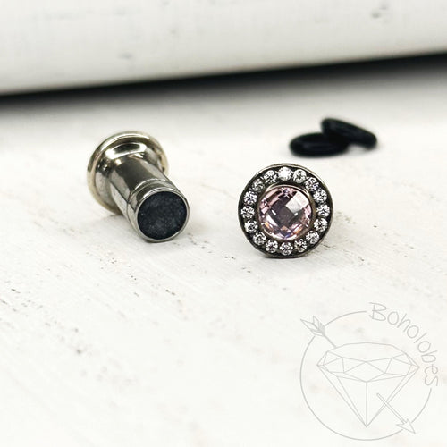 Pink round plugs CZ halo stud white gold silver wedding plugs for gauged or stretched ears: Sizes 12g 10g 8g 6g 4g 2g