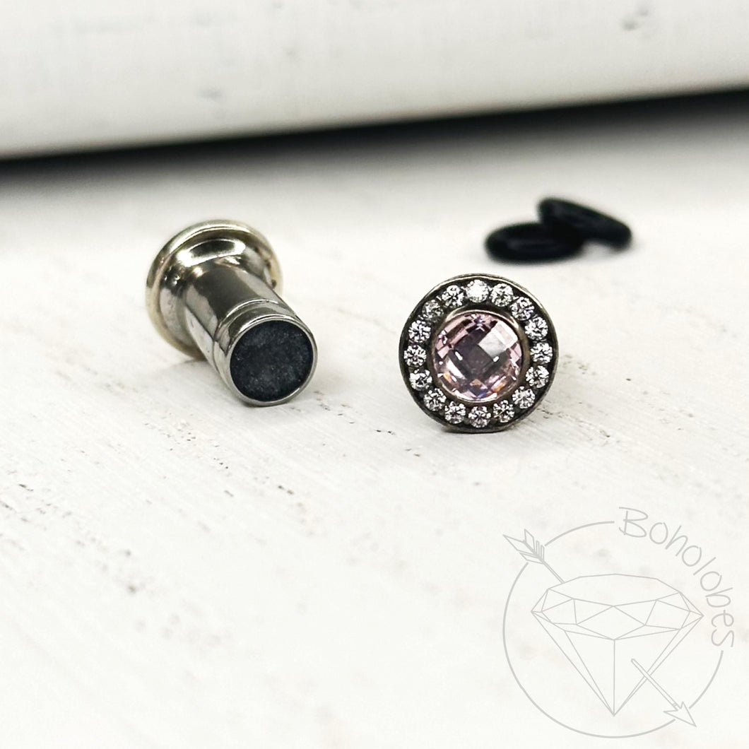 Pink round plugs CZ halo stud white gold silver wedding plugs for gauged or stretched ears: Sizes 12g 10g 8g 6g 4g 2g