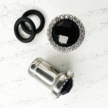 Load image into Gallery viewer, Silver black faceted cz stud plugs 14g 12g 10g 8g 6g 4g 2g 1g 0g