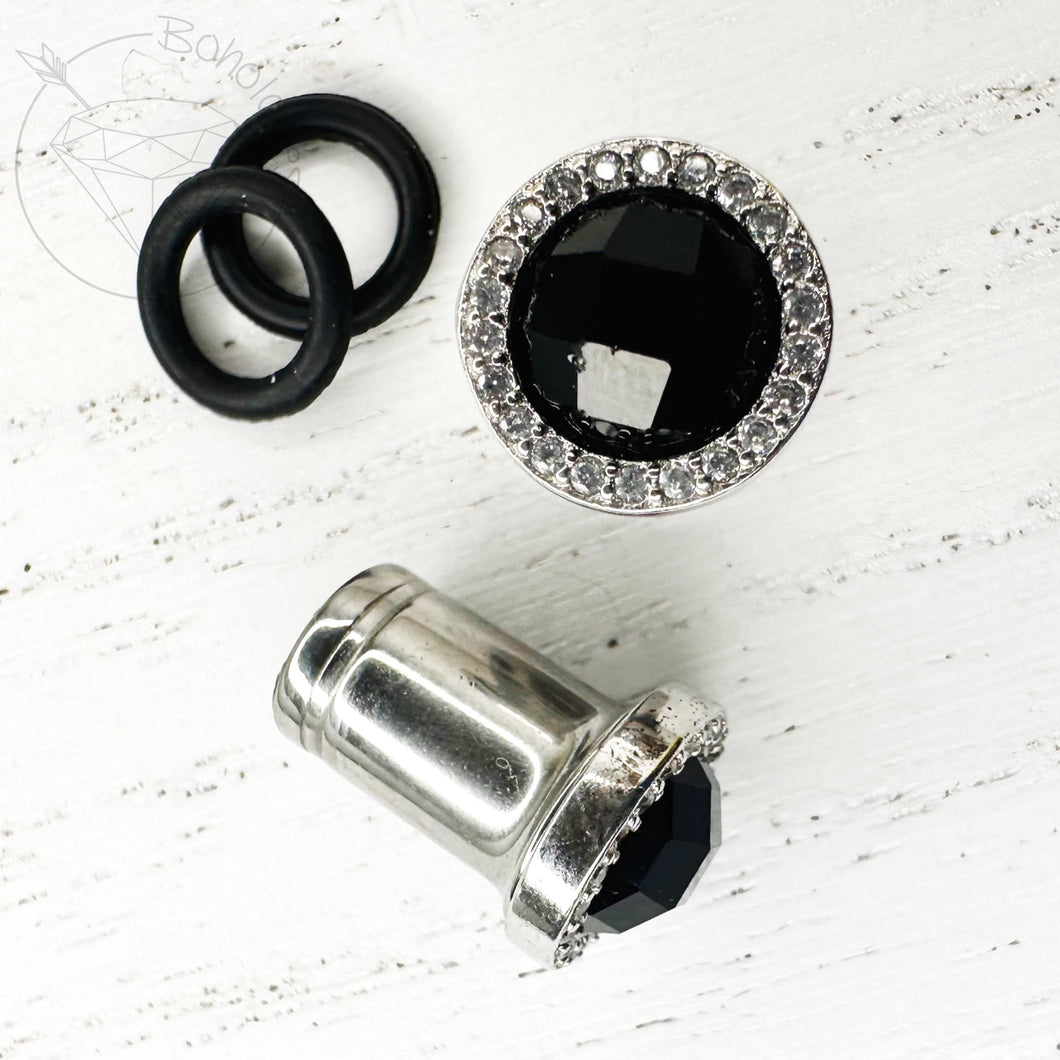 Silver black faceted cz stud plugs 14g 12g 10g 8g 6g 4g 2g 1g 0g