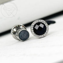 Load image into Gallery viewer, Silver black faceted cz stud plugs 14g 12g 10g 8g 6g 4g 2g 1g 0g