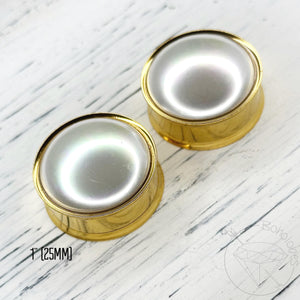 Screw-back white pearl hider plugs tunnels for gauged ears: 1" 7/8" 3/4" 5/8"