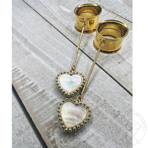 Heart dangle stainless steel yellow gold or white gold toned shell drop plugs: 2g 0g 00g 1/2