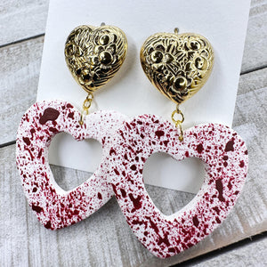 Pair of bloody valentine heart chunky metal dangle statement earrings