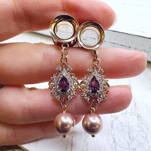 Rose gold purple crystal pearl screw back plugs gauges tunnels: 2g 0g 00g 1/2