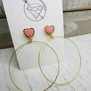 Gold and pink heart hoop earrings