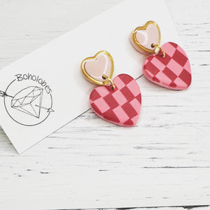 Gold and pink checkered heart earrings