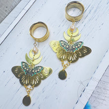 Load image into Gallery viewer, Gold witchy moth crescent drop dangle plugs: 2g 0g 00g 1/2&quot; 9/16&quot; 5/8&quot; 18mm 20mm 22mm 25mm