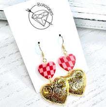 Load image into Gallery viewer, Gold and pink chunky tiered checkered heart dangle earrings