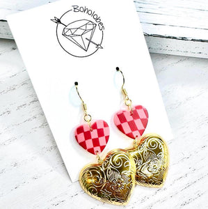 Gold and pink chunky tiered checkered heart dangle earrings