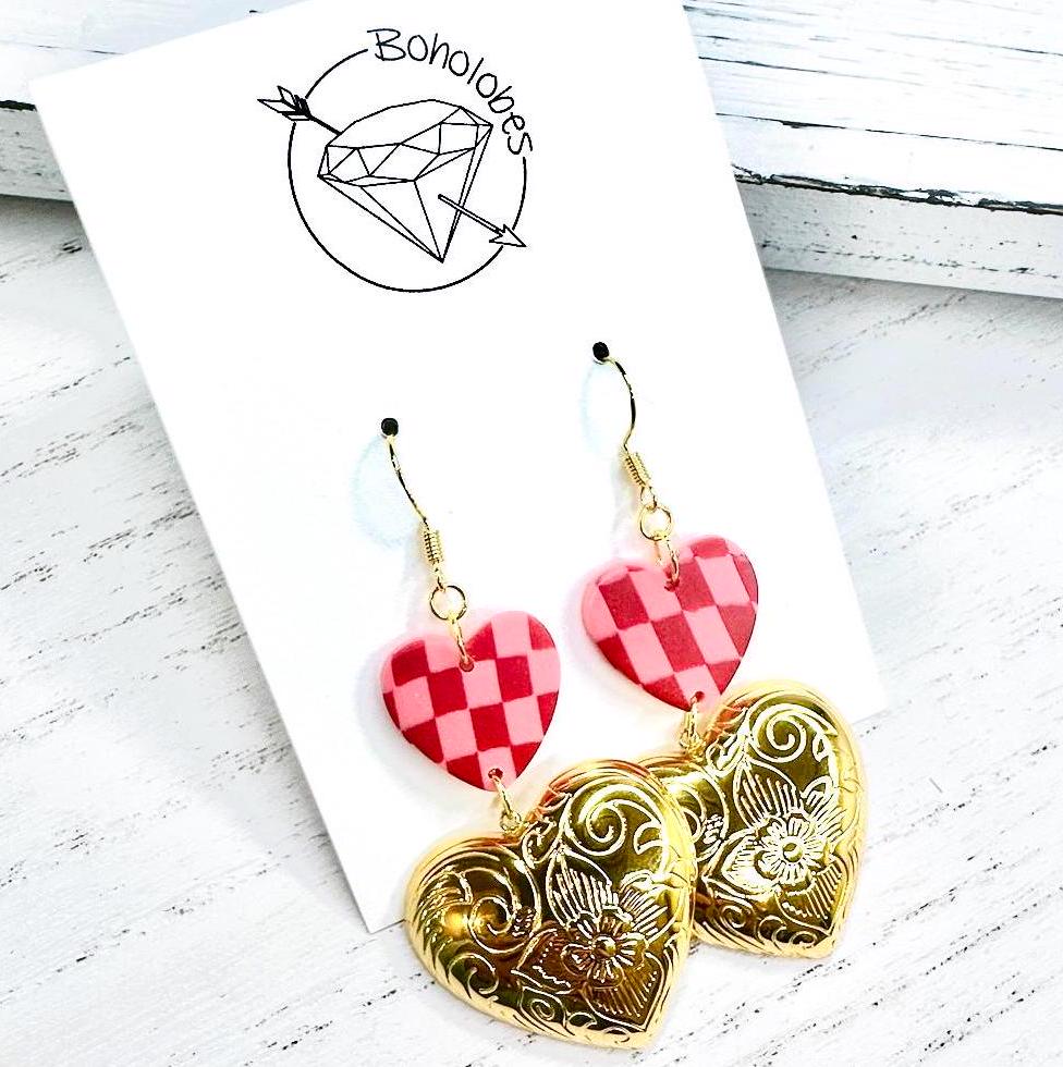 Gold and pink chunky tiered checkered heart dangle earrings