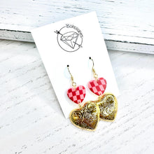 Load image into Gallery viewer, Gold and pink chunky tiered checkered heart dangle earrings