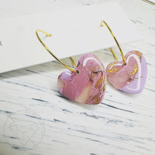 Load image into Gallery viewer, Gold and purple hoop heart earring hoops