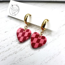 Load image into Gallery viewer, Gold and pink checkered heart chain hoop earrings