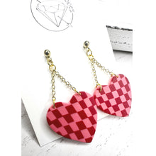 Load image into Gallery viewer, Gold and pink checkered heart chain hoop earrings