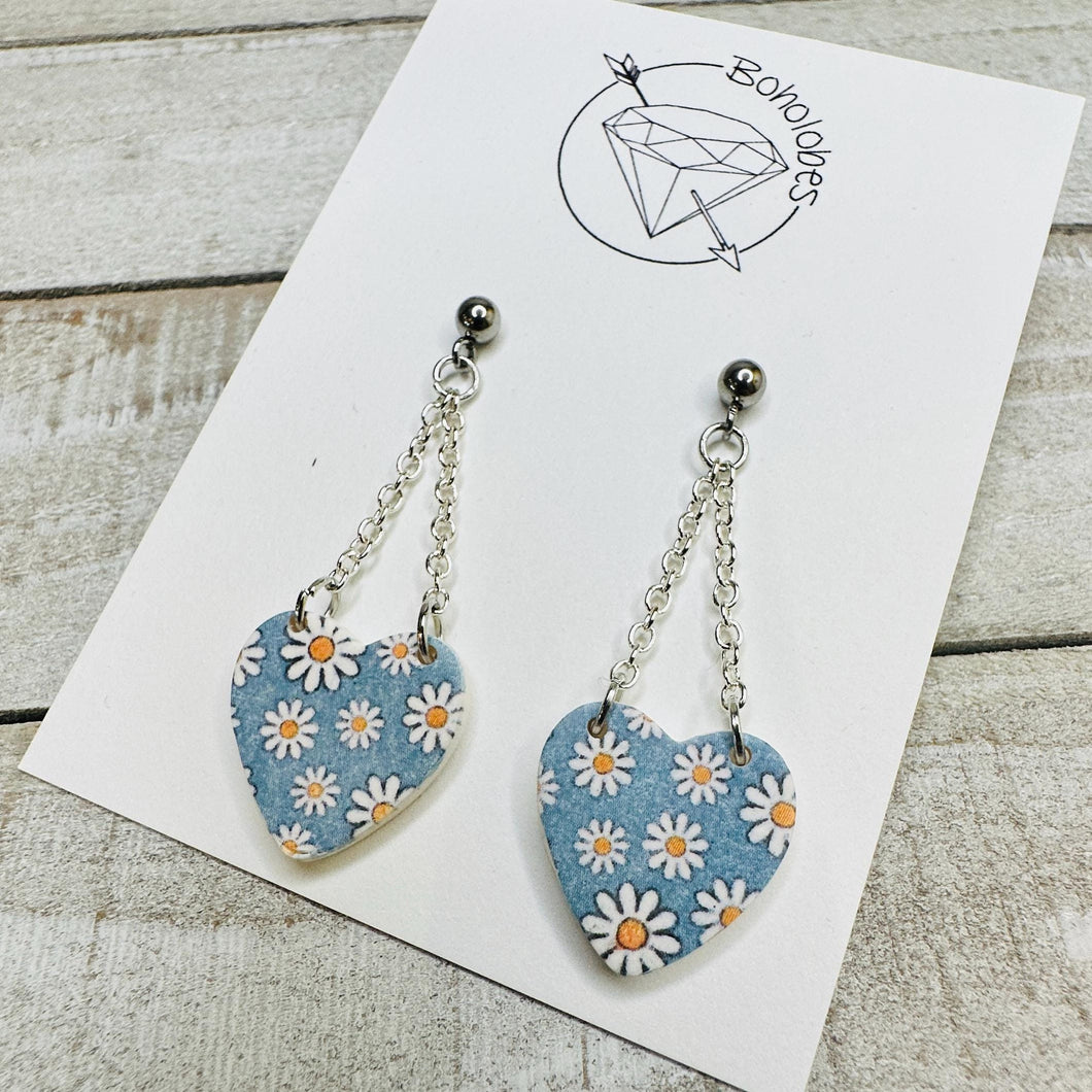 Daisy heart dangle stainless steel earrings