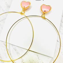 Load image into Gallery viewer, Gold and pink heart hoop earrings