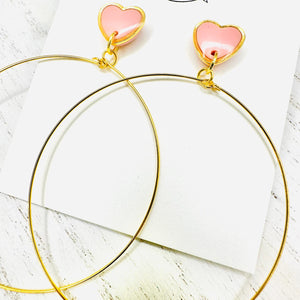 Gold and pink heart hoop earrings