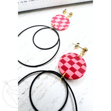 Load image into Gallery viewer, Gold black and pink checkered hoop earrings