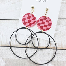 Load image into Gallery viewer, Gold black and pink checkered hoop earrings