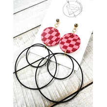 Load image into Gallery viewer, Gold black and pink checkered hoop earrings