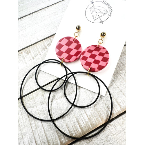 Gold black and pink checkered hoop earrings