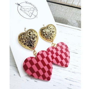 Gold and pink chunky tiered checkered heart dangle earrings