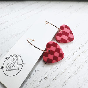 Gold and pink hoop checkered heart earring hoops