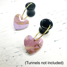 Load image into Gallery viewer, Gold and purple hoop heart earring hoops