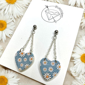 Daisy heart dangle stainless steel earrings