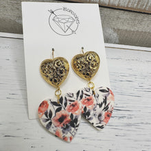 Load image into Gallery viewer, Gold floral chunky tiered heart earrings